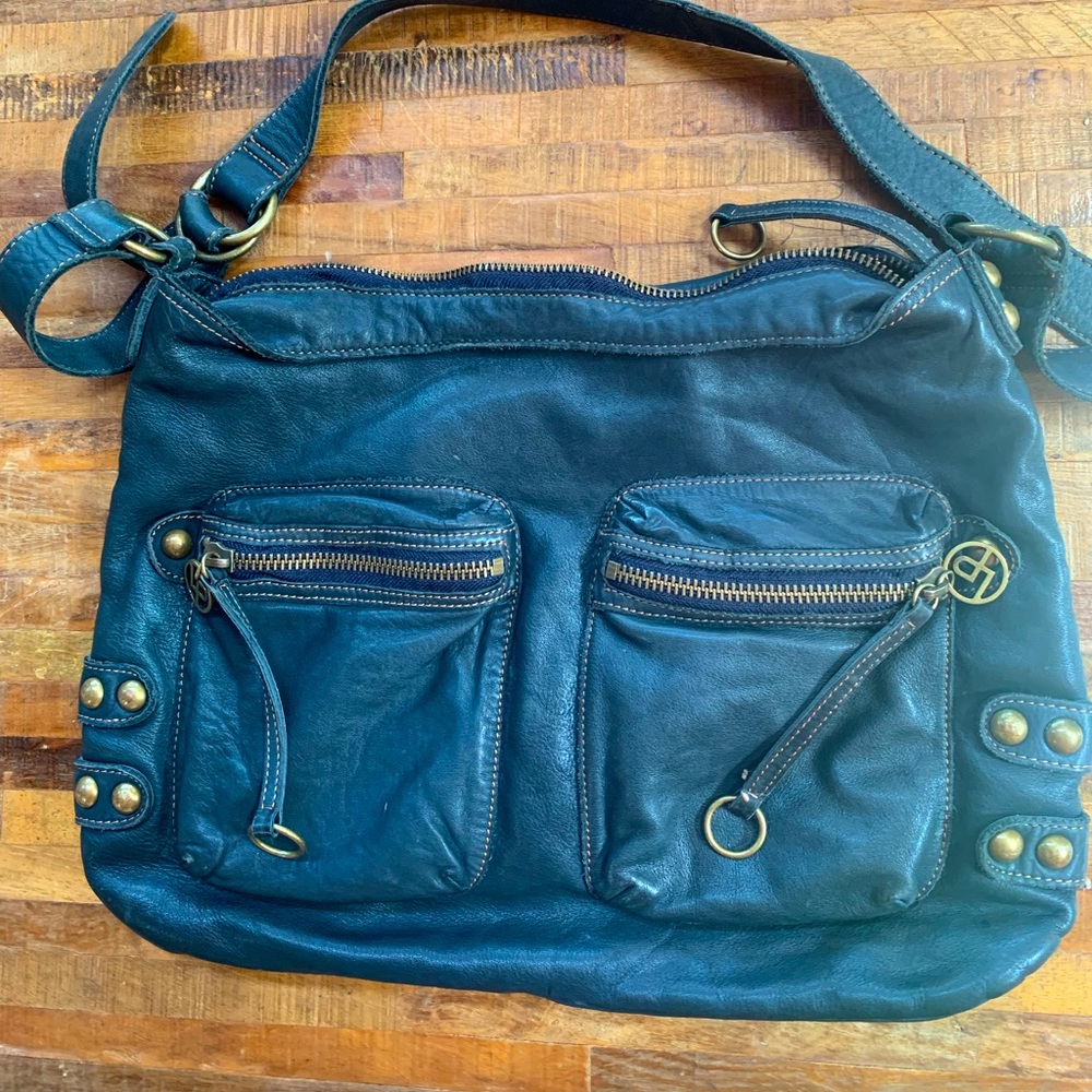 Linea Pelle Black Leather Handbag with Zippers Vintage